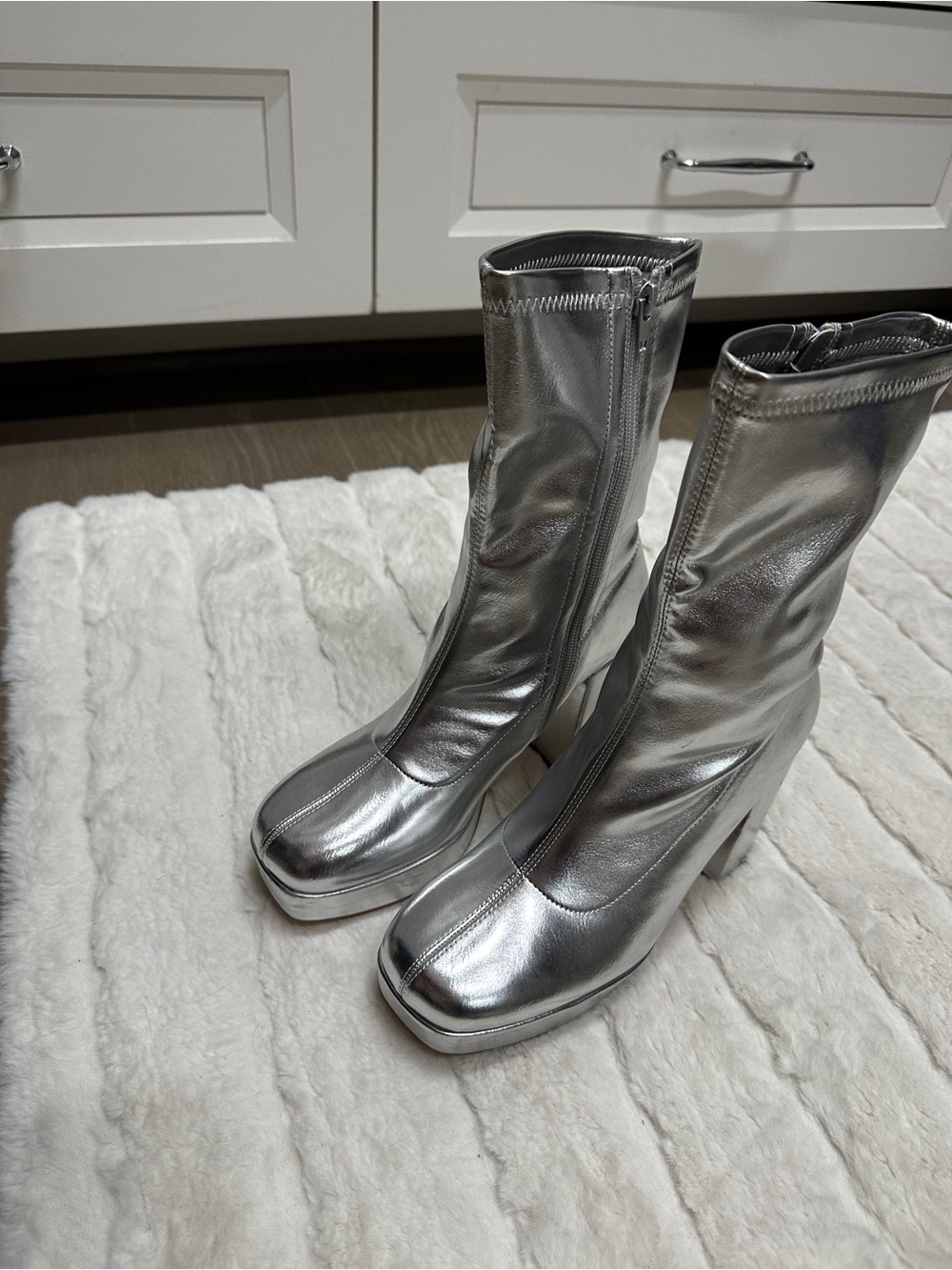 Silver Mid-Calf Platform Boots - Women's Fashion Boot